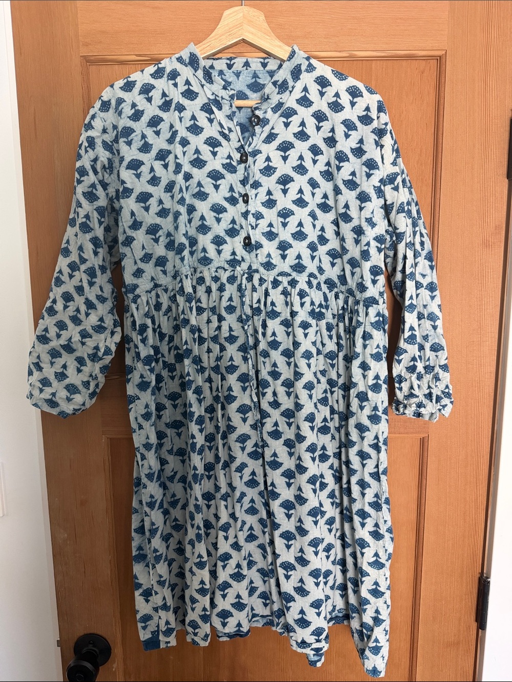 Indian Block print Blue Floral-Print Mini Dress with Button Front